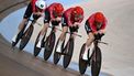 2023-08-05 20:24:14 Denmark team on the way to victory in the men's Elite Team Pursuit Final at the Sir Chris Hoy velodrome during the UCI Cycling World Championships in Glasgow, Scotland on August 5, 2023. 
Oli SCARFF / AFP