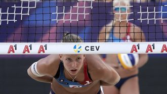 2021-08-14 19:21:16 Netherlands' Katja Stam (L) and Raisa Schoon play against Switzerland's Nina Betschart and Tanja Hueberli during the women's gold medal match of the European Beach Volleyball Championships called EuroBeachVolley 2021, in Vienna, Austria, on August 14, 2021.   
ALEX HALADA / AFP