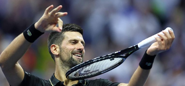 Serbia's Novak Djokovic celebrates his victory over Germany’s Jan-Lennard Struff during their men's singles round of 16 tennis match on day eight of the US Open tennis tournament at the USTA Billie Jean King National Tennis Center in New York City, on August 31, 2025. 
CHARLY TRIBALLEAU / AFP