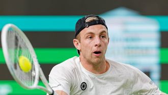epa11649272 Tallon Griekspoor of Netherlands in action during his Men's Singles round of 32 match against Alexander Zverev of Germany at the Shanghai Masters tennis tournament in Shanghai, China, 08 October 2024.  EPA/ALEX PLAVEVSKI