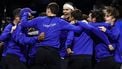 Germany's Alexander Zverev (C) of Team Europe celebrates with teammates following his victory over USA's Learner Tien of Team World to seal victory in their 2026 Laver Cup men's singles tennis match, at the O2 Arena in London on September 27, 2026. 
Henry NICHOLLS / AFP
