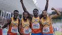 epa12203584 Team of Netherlands celebrate after winning the 4 x 100 meters relay event at the European Athletics Team Championships at Vallehermoso Stadium, in Madrid, Spain, 28 June 2025.  EPA/SERGIO PEREZ