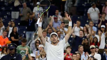 Netherlands' Botic van de Zandschulp celebrates defeating France's Arthur Gea during the men's singles round of 16 tennis match on day nine of the US Open tennis tournament at the USTA Billie Jean King National Tennis Center in New York City on September 7, 2026. 
Leonardo MUNOZ / AFP