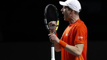 epa10990760 Dutch player Botic van de Zandschulp celebrates after winning his match against Matteo Arnaldi of Italy during the Davis Cup quarter final between Italy and the Netherlands at Martin Carpena pavilion in Malaga, Spain, 23 November 2023.  EPA/Jorge Zapata