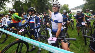 2023-08-06 10:25:49 Bosnia and Herzegovina's Lejla Njemcevic waits for the start of the women's mountain bike cross-country marathon at the Cycling World Championships in Glentress Forest, Scotland on August 6, 2023. 
ANDY BUCHANAN / AFP