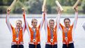 PARIJS - Laila Youssifou, Bente Paulis, Roos de Jong en Tessa Dullemans winnen een zilveren medaille tijdens de finale dubbelvier vrouwen op het olympisch roeitoernooi tijdens de zomerspelen in de Franse hoofdstad. ANP IRIS VAN DEN BROEK