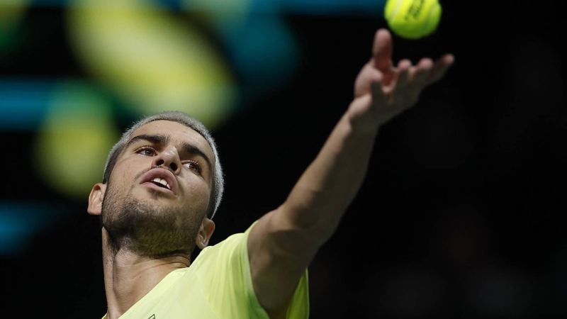epa12488185 Carlos Alcaraz of Spain in action during his second round match against Cameron Norrie of Great Britain at the ATP Paris Masters tennis tournament in Nanterre, outside Paris, France, 28 October 2025.  EPA/YOAN VALAT
