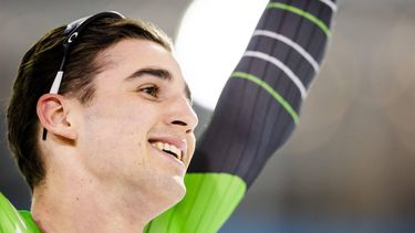 HEERENVEEN - Jenning de Boo reageert na het winnen van de tweede 500 meter voor mannen tijdens de eerste dag van het NK afstanden in Thialf. Voor de Nederlandse rijders en rijdsters is dit toernooi een belangrijke tussenstop onderweg naar het WK afstanden in Hamar. ANP SEM VAN DER WAL