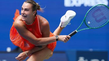 Belarus’ Aryna Sabalenka serves to Colombia’s Camila Osorio during the women's singles first round tennis match on day two of the US Open tennis tournament at the USTA Billie Jean King National Tennis Center in New York on August 31, 2026. 
TIMOTHY A. CLARY / AFP