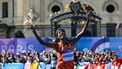 Netherlands' gold medallist Sifan Hassan crosses the finish in first place in the women's marathon of the athletics event at the Paris 2024 Olympic Games at The Invalides in Paris on August 11, 2024. 
Andrej ISAKOVIC / AFP