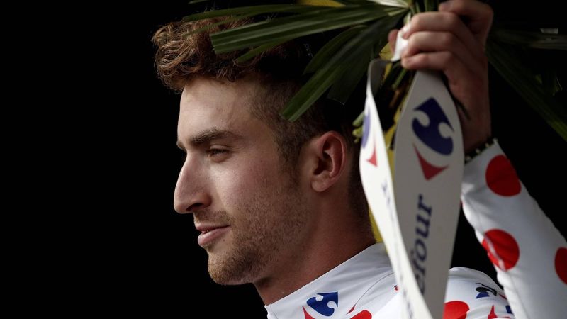 epa06062014 Cannondale Drapac Professional Cycling Team rider Taylor Phinney of US celebrates on the podium wearing the best climber's polka-dot jersey following the 2nd stage of the 104th edition of the Tour de France cycling race over 203.5 km between Duesseldorf and Liege, Belgium, 02 July 2017.  EPA/YOAN VALAT