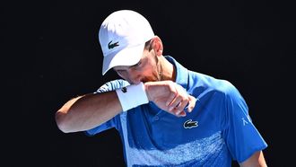 epa11848932 Novak Djokovic of Serbia reacts during a semifinal match of the Australian Open against Alexander Zverev of Germany at Melbourne Park in Melbourne, Australia 24 January 2025.  EPA/JAMES ROSS AUSTRALIA AND NEW ZEALAND OUT
