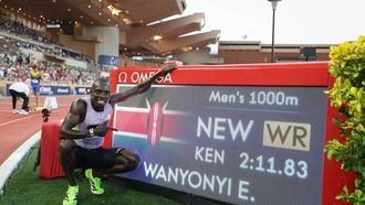 Kenya's Emmanuel Wanyonyi celebrates after setting a new World Record in the men's 1000m during the Diamond League athletics meeting at the Stade Louis II in Monaco on July 10, 2026. 
Valery HACHE / AFP
