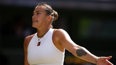 Belarus's Aryna Sabalenka reacts as she plays against US player Amanda Anisimova during their women's singles semi-final tennis match on the eleventh day of the 2025 Wimbledon Championships at The All England Lawn Tennis and Croquet Club in Wimbledon, southwest London, on July 10, 2025. 
HENRY NICHOLLS / AFP