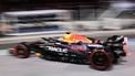 Red Bull Racing's Dutch driver Max Verstappen pulls away after making a pit stop during the first practice session for the Las Vegas Formula One Grand Prix at the Las Vegas Strip Circuit in Las Vegas, Nevada, on November 20, 2025. 
Patrick T. Fallon / AFP