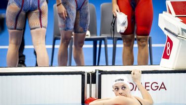 PARIJS - Tessa Giele, Maaike de Waard, Marrit Steenbergen en Tes Schouten na afloop van de finale op het onderdeel 4x100m wissel, tijdens het zwemmen op de Olympische Spelen. ANP KOEN VAN WEEL