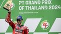 Ducati Lenovo Team's Italian rider Francesco Bagnaia celebrates on the podium after winning the MotoGP Thailand Grand Prix at the Buriram International Circuit in Buriram on October 27, 2024. 
Lillian SUWANRUMPHA / AFP