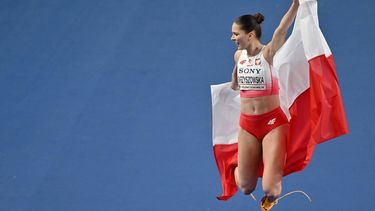Poland's Pia Skrzyszowska celebrates after the women's final 60 metres hurdles event during the World Athletics Indoor Championships Kujawy Pomorze 2026 in Torun, Poland on March 22, 2026. 
Andrej ISAKOVIC / AFP