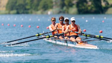 epa13068583 Lennart van Lierop, Eli Brouwer, Rik Rienks and Gert-Jan van Doorn of the Netherlands, from left, compete in the Men's Four semifinal on the second day of the 2026 World Rowing Cup at Rotsee in Lucerne, Switzerland, 27 June 2026.  EPA/PHILIPP SCHMIDLI