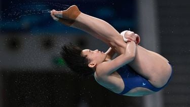 China’s Quan Hongchan competes in the women’s 10 meter platform event at the World Aquatics Diving World Cup Super Final, in the Water Cube in Beijing on May 3, 2025. 
GREG BAKER / AFP