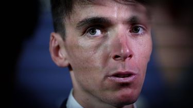 French rider Romain Bardet looks on after receiving the Bernard Hinault trophy during the Velo d'Or 2024 award ceremony at the Pavillon Gabriel in Paris on December 6, 2024. 
Anne-Christine POUJOULAT / AFP
