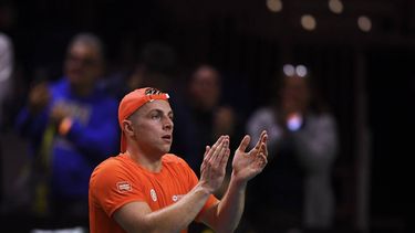 Tallon Griekspoor of Team Netherlands celebrates after winning his match against Jan-Lennard Struff of Team Germany during their semi-final singles match between Germany and Netherlands at the Davis Cup Finals at the Palacio de Deportes Jose Maria Martin Carpena arena in Malaga, southern Spain, on November 22, 2024. 
JORGE GUERRERO / AFP
