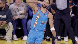 epa11902168 Shaq's OGs Jayson Tatum reacts after making a three-point basket against Chuck's Global Stars during the championship game of the NBA All-Star Game in San Francisco, California, USA, 16 February 2025.  EPA/JOHN G. MABANGLO SHUTTERSTOCK OUT