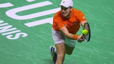 Botic Van de Zandschulp of Team Netherlands returns a shot to Daniel Altmaier of Team Germany during their semi-final singles match between Germany and Netherlands at the Davis Cup Finals at the Palacio de Deportes Jose Maria Martin Carpena arena in Malaga, southern Spain, on November 22, 2024. 
JORGE GUERRERO / AFP