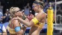 epa13088922 Netherland's Katja Stam, right, and Raisa Schoon celebrate their victory against USA's Julia Donlin and Lexy Denaburg during the Volleyball World Beach Pro Tour Elite16 women's bronce medal match, in Gstaad, Switzerland, on Sunday, July 5, 2026.  EPA/PETER SCHNEIDER