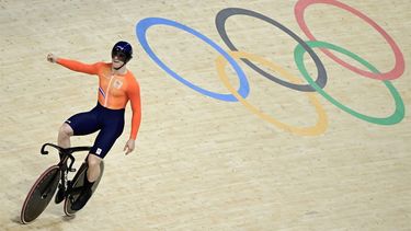 Netherlands' Harrie Lavreysen celebrates after competing in a men's track cycling sprint qualifying round of the Paris 2024 Olympic Games at the Saint-Quentin-en-Yvelines National Velodrome in Montigny-le-Bretonneux, south-west of Paris, on August 7, 2024. 
John MACDOUGALL / AFP