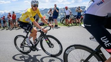 UAE Team Emirates-XRG's Slovenian rider Tadej Pogacar climbs the Jaunpass during the fourth stage of the Tour of Romandie UCI cycling World tour, 149.6 km from Broc and to Charmey, in Jaunpass, Switzerland, on May, 2, 2026. 
Fabrice COFFRINI / AFP