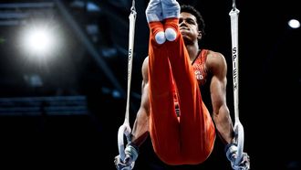 epa12144121 Elijah Faverus of the Netherlands competes on the rings during the men's All round final competition at the European Artistic Gymnastic Championships in Leipzig, Germany, 29 May 2025.  EPA/FILIP SINGER