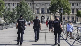 epa11483417 Members of the French Gendarmerie patrol Pont des Arts bridge in Paris, France, 17 July 2024. From 18 to 26 July, the day of the Opening Ceremony of the Paris 2024 Olympic Games, security measures will be put in place in the French capital along the Seine river's banks and quays ahead of the main event. The Summer Olympics are scheduled to take place from 26 July to 11 August 2024 in Paris.  EPA/TERESA SUAREZ