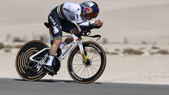 Red Bull-Bora-Hansgrohe's Belgian rider Remco Evenepoel competes during the second stage of the UAE Tour cycling event on al-Hudayriyat Island in Abu Dhabi on February 17, 2026. 
Fadel SENNA / AFP