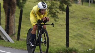 2023-06-25 00:00:00 epa10711318 Miguel Angel 'Superman' Lopez of Team Medellin in action during the ninth stage of the 73rd edition of the Vuelta a Colombia, in the municipality of La Ceja, Antioquia, Colombia, 25 June 2023. Miguel Angel 'Superman' Lopez was crowned champion of the Vuelta a Colombia which he dominated from start to finish as he also won the closing day, a 42-kilometer individual time trial.  EPA/Luis Eduardo Noriega A.