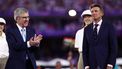 International Olympic Committe (IOC) President Thomas Bach (L) and World Athletics President Sebastian Coe react as they arrive to give the medal during the podium ceremony for the women's marathon of the athletics event during the closing ceremony of the Paris 2024 Olympic Games at the Stade de France, in Saint-Denis, in the outskirts of Paris, on August 11, 2024. 
Franck FIFE / AFP