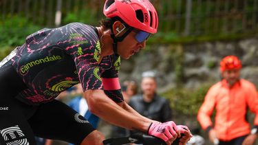 Team EF Education's Italian rider Andrea Piccolo leads the breakaway as he competes during the 2nd stage of the 107th Giro d'Italia cycling race, 161km between San Francesco al Campo and Sanctuary of Oropa (Biella), on May 5, 2024.  
Luca Bettini / AFP