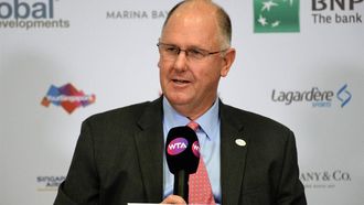 Women's Tennis Association (WTA) CEO Steve Simon speaks to reporters during a press conference the WTA finals tennis tournament on October 26, 2016 in Singapore. 
ROSLAN RAHMAN / AFP