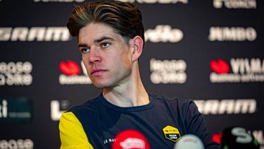 Belgium's Wout van Aert of Team Visma-Lease a Bike attends a team press conference ahead of the Ronde van Vlaanderen / Tour des Flandres / Tour of Flanders one-day cycling race in Deerlijk on April 4, 2025.  The 109th edition of the cycling race will take place on April 6, 2025. 
KURT DESPLENTER / Belga / AFP