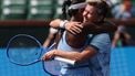 USA’s Asia Muhammad and Netherland’s Demi Schuurs (R) celebrate after defeating Slovakia’s Tereza Mihalikova and Britain’s Olivia Nicholls during the women’s doubles final match at the BNP Paribas Open at the Indian Wells Tennis Garden in Indian Wells, California on March 15, 2025. 
Patrick T. Fallon / AFP