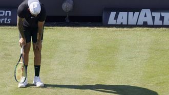 epa10688805 Nick Kyrgios of Australia reacts during his first round match against Yibing Wu of China at the ATP Boss Open tennis tournament in Stuttgart, Germany, 13 June 2023.  EPA/RONALD WITTEK
