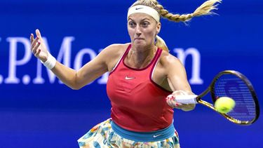 Czech Republic's Petra Kvitova plays a forehand return against Denmark's Caroline Wozniacki during the US Open tennis tournament women's singles second round match at the USTA Billie Jean King National Tennis Center in New York City, on August 30, 2023. 
COREY SIPKIN / AFP