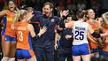 2023-09-03 18:20:51 Netherland's head coach Felix Koslowski (3rd L) celebrates with team players after they won the Women's EuroVolley 2023 finals bronze volleyball match against Netherlands and Italy in Brussels on September 3, 2023.  
JOHN THYS / AFP