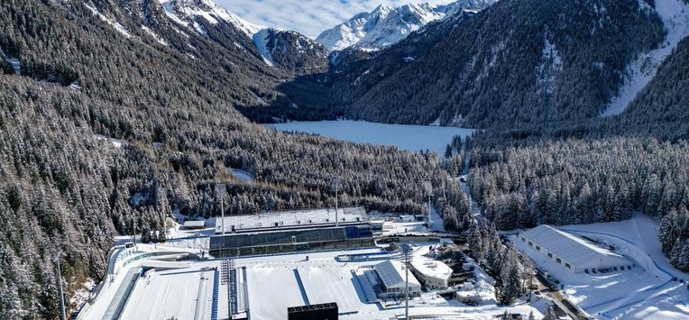 This aerial view shows the Biathlon venue in Antholz, northern Italy, prior to the Milano Cortina 2026 Olympic Games, on January 31, 2026. 
Odd ANDERSEN / AFP
