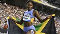 2023-09-08 21:40:52 Jamaica's Elaine Thompson-Herah celebrates after winning the Women 100m event of the Brussels IAAF Diamond League athletics meeting on September 8, 2023 at the King Baudouin stadium. 
JOHN THYS / AFP