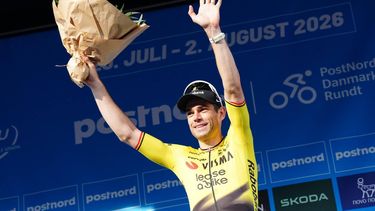 epa13142126 Belgian cyclist Wout van Aert from Visma Lease a Bike celebrates after wininh Stage 2 of the Danmark Rundt cycling tour over 183.8km from from Glyngore to Skive, Denmark, 30 July 2026.  EPA/Henning Bagger  DENMARK OUT