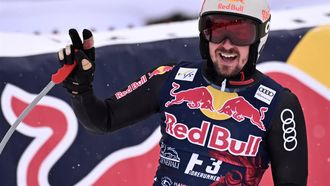epa09699391 Marcel Hirscher of Austria reacts in the finish area during the men's Downhill race of the FIS Alpine Skiing World Cup event in Kitzbuehel, Austria, 21 January 2022.  EPA/CHRISTIAN BRUNA