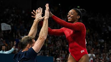 US' Simone Biles reacts after competing in the artistic gymnastics women's vault final during the Paris 2024 Olympic Games at the Bercy Arena in Paris, on August 3, 2024. 
Paul ELLIS / AFP