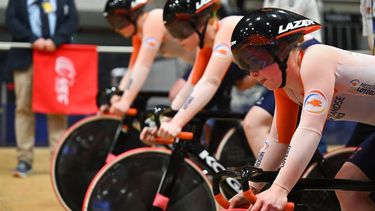 2023-02-08 18:02:20 (From L) Netherlands' Hetty van der Wouw, Steffie van der Peet and Kyra Lamberink, compete during the women's team sprint event of the UEC Track Elite European Championships in Grenchen on February 8, 2023. 
SEBASTIEN BOZON / AFP
