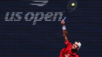 Russia's Karen Khachanov serves to Canada's Felix Auger-Aliassime during their men's singles second round tennis match on day five of the US Open tennis tournament at the USTA Billie Jean King National Tennis Center in New York City on September 3, 2026. 
TIMOTHY A. CLARY / AFP